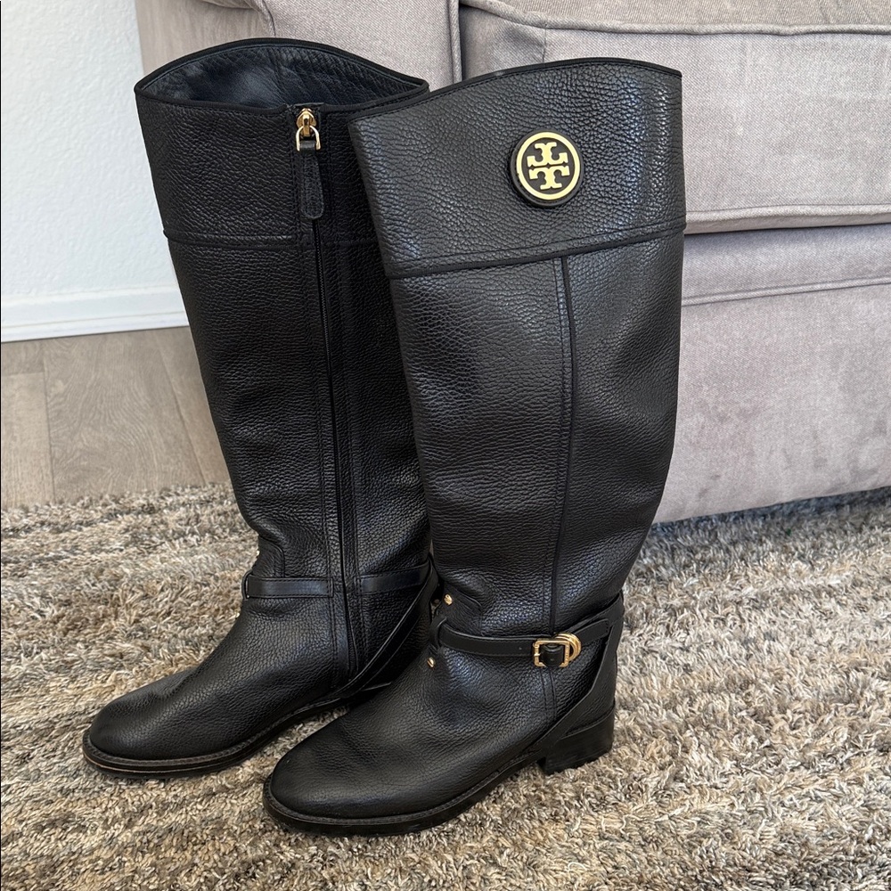 Tory Burch Black Leather Teresa Boots with Gold Accents size 7: retailed $346